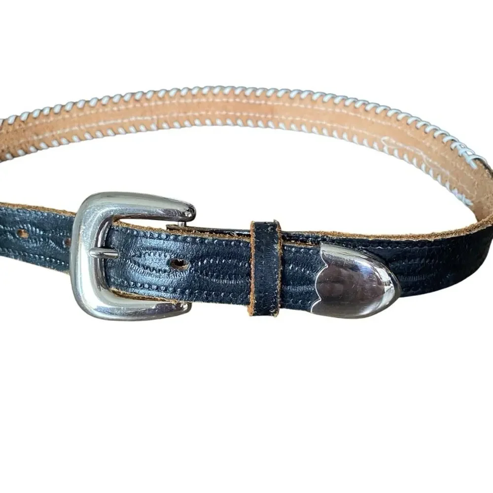 Vintage Western Beaded Swatch Belt size 28 Black White Leather